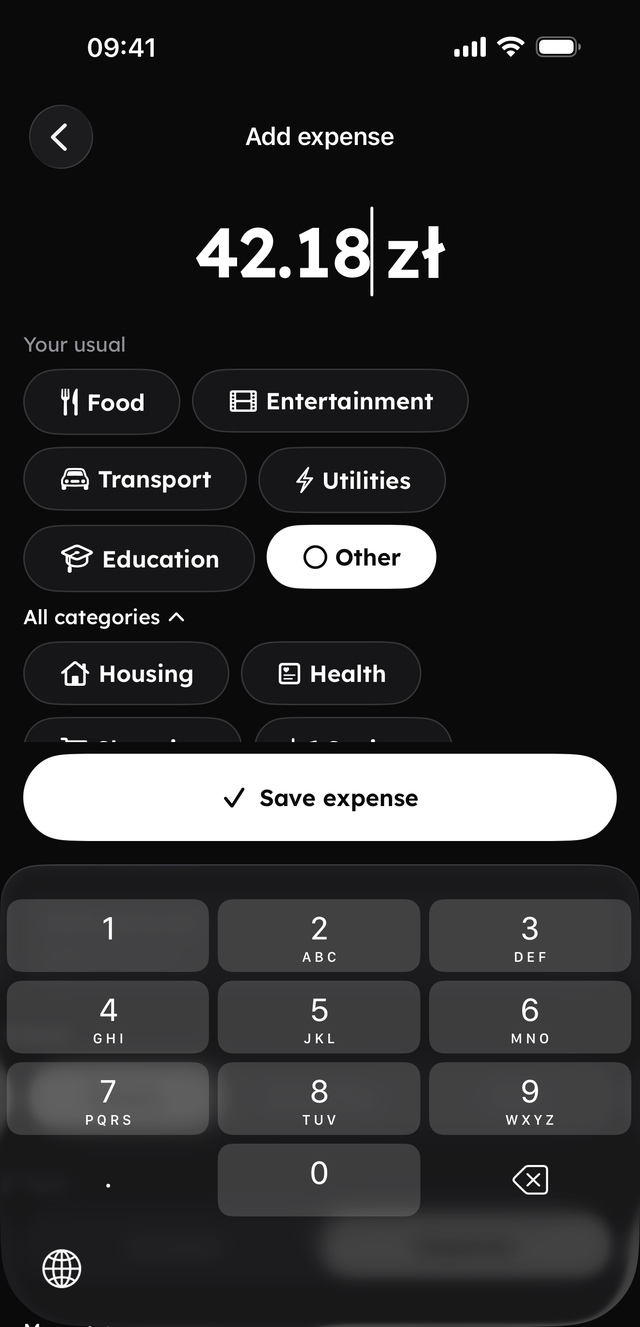 Fainto's Add expense screen: 42.18 zł entered above Your usual category chips for Food, Entertainment, Transport, Utilities, Education and Other (selected), an expanded All categories list with Housing and Health, a Save expense button and the number keypad.